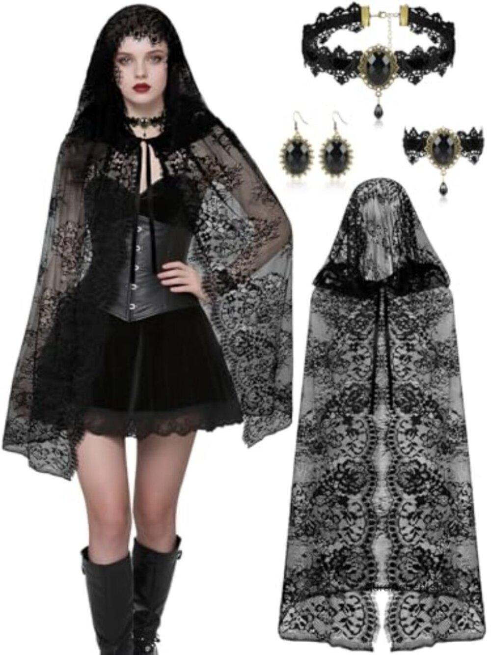 Women's Witch Costume Black Lace Hooded Cloak with Accessories Set